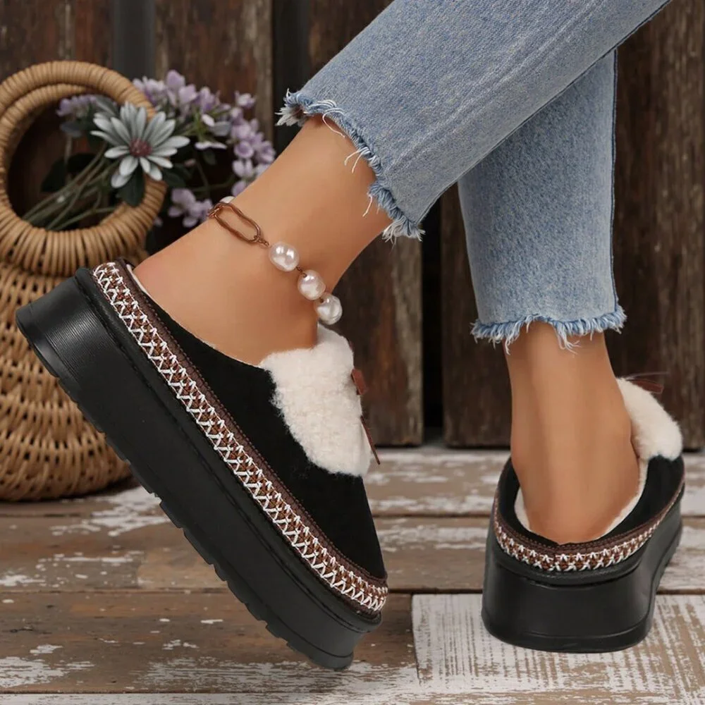 Black Casual Women's Thick Flat Suede Shearling Slippers